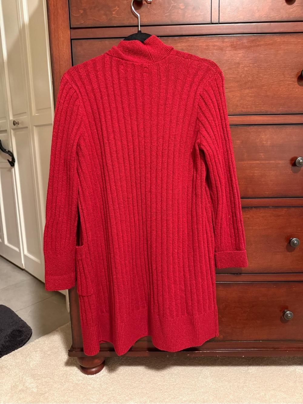 LOFT Red Ribbed Open-Front Cardigan with Pockets - Picture 2 of 5